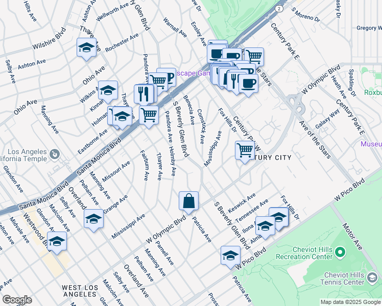 map of restaurants, bars, coffee shops, grocery stores, and more near 2024 South Beverly Glen Boulevard in Los Angeles