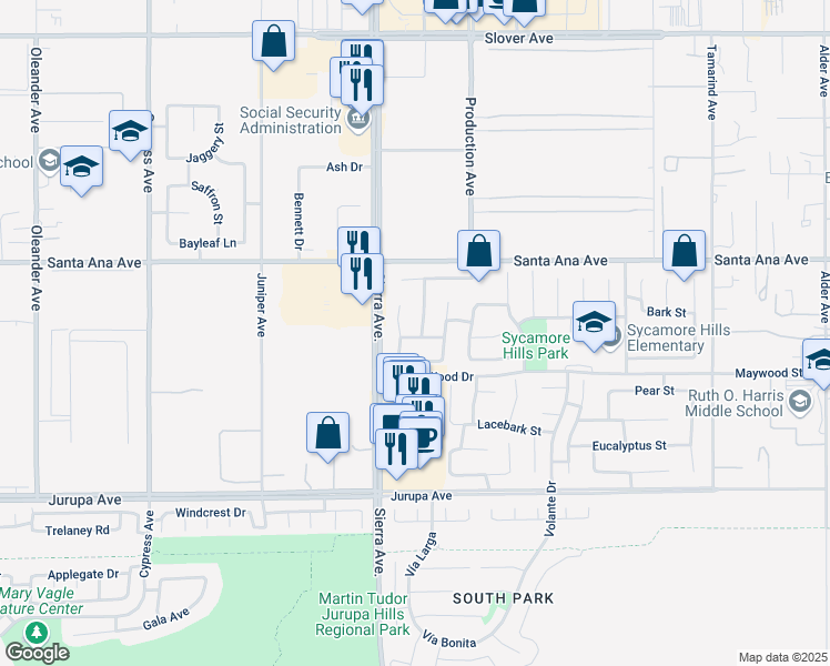 map of restaurants, bars, coffee shops, grocery stores, and more near 11018 Persimmion Lane in Fontana