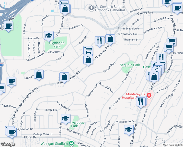 map of restaurants, bars, coffee shops, grocery stores, and more near 857 Donner Place in Monterey Park
