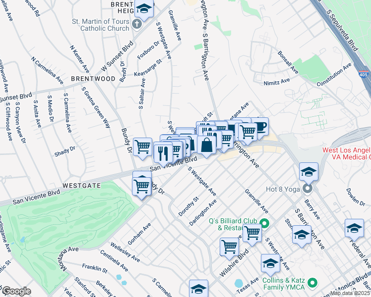 map of restaurants, bars, coffee shops, grocery stores, and more near 719 South Westgate Avenue in Los Angeles