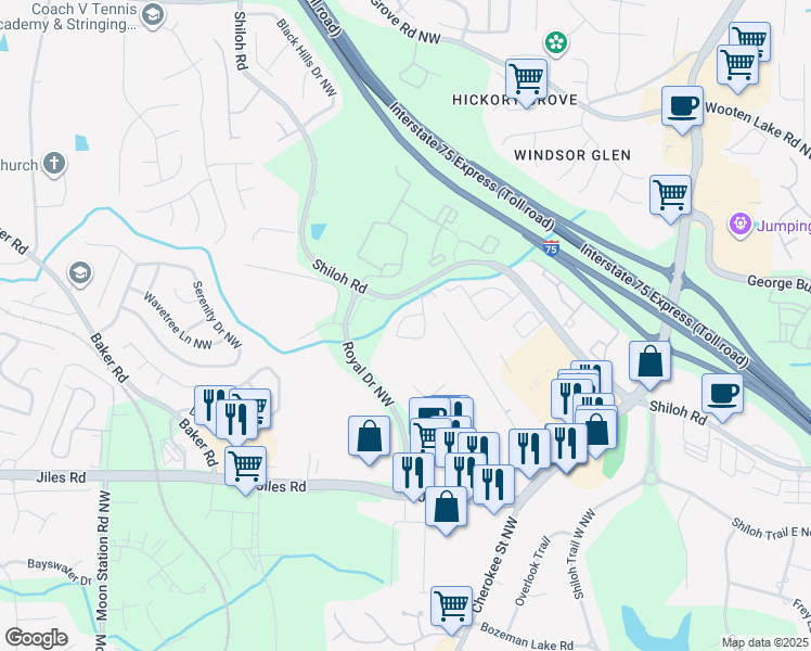 map of restaurants, bars, coffee shops, grocery stores, and more near 4146 Royal Regency Circle in Kennesaw