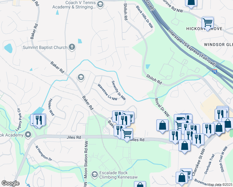 map of restaurants, bars, coffee shops, grocery stores, and more near 2183 Serenity Drive Northwest in Acworth