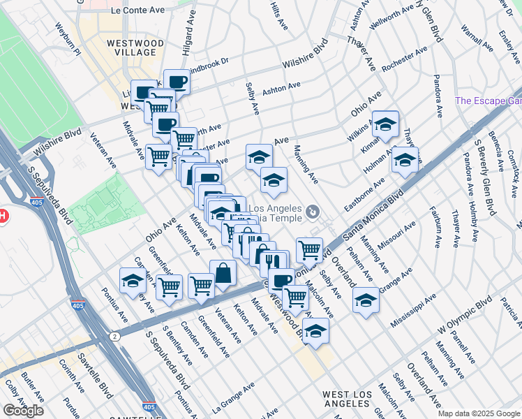 map of restaurants, bars, coffee shops, grocery stores, and more near 1626 Malcolm Avenue in Los Angeles