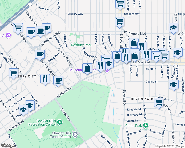 map of restaurants, bars, coffee shops, grocery stores, and more near 9911 West Pico Boulevard in Los Angeles