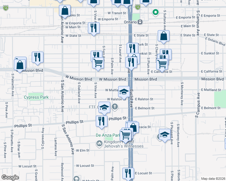 map of restaurants, bars, coffee shops, grocery stores, and more near 231 West Maitland Street in Ontario