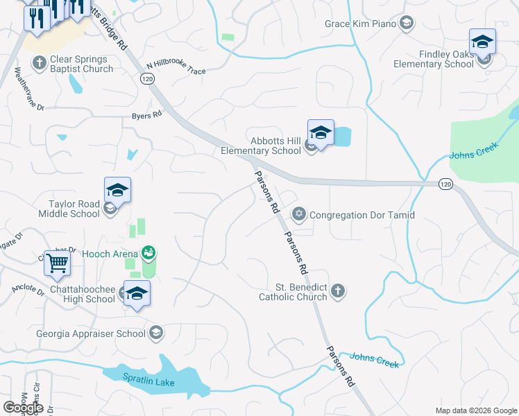 map of restaurants, bars, coffee shops, grocery stores, and more near 11205 Linbrook Ln in Duluth