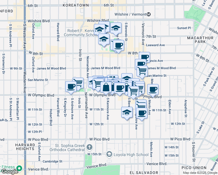 map of restaurants, bars, coffee shops, grocery stores, and more near 2843 West Olympic Boulevard in Los Angeles