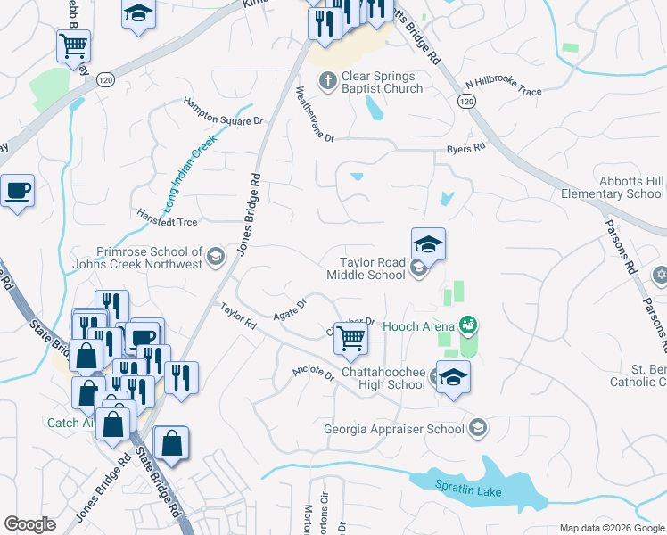 map of restaurants, bars, coffee shops, grocery stores, and more near 5030 North Bridges Drive in Alpharetta