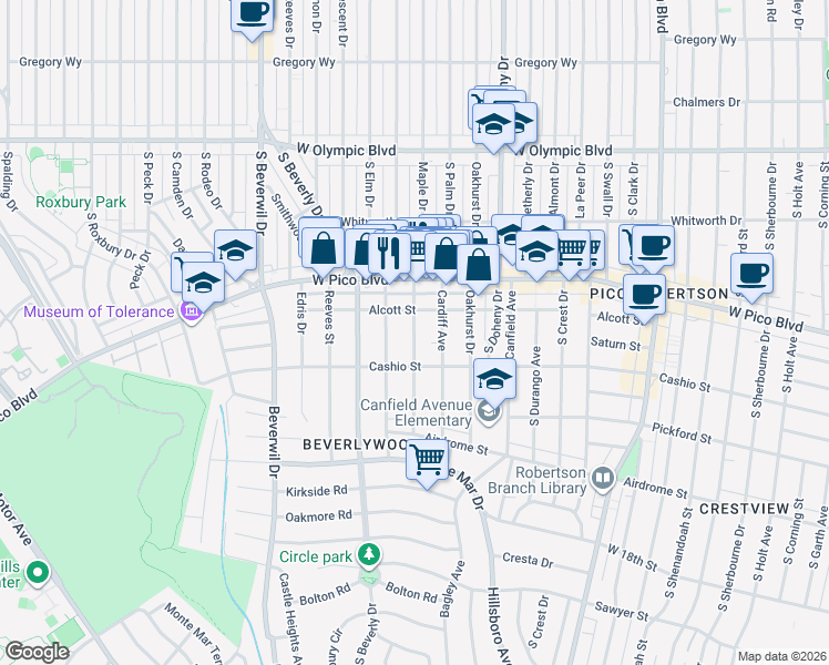 map of restaurants, bars, coffee shops, grocery stores, and more near Glenville Drive in Los Angeles