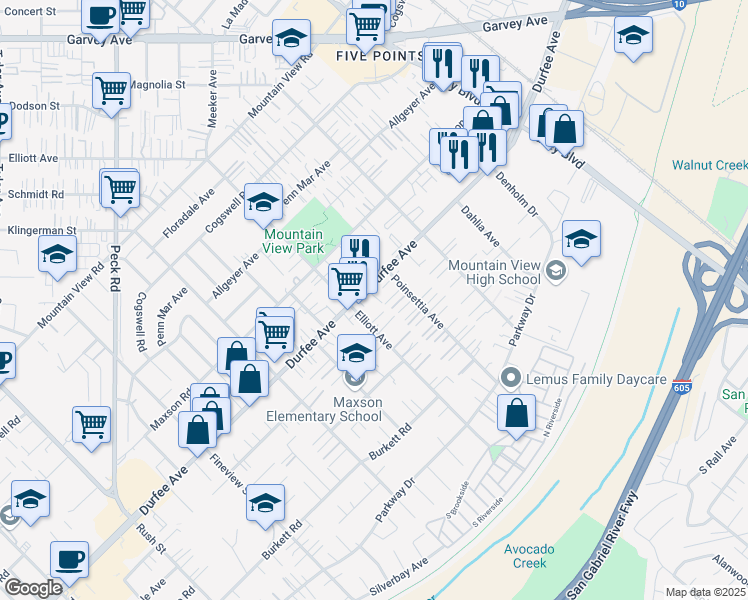 map of restaurants, bars, coffee shops, grocery stores, and more near in El Monte
