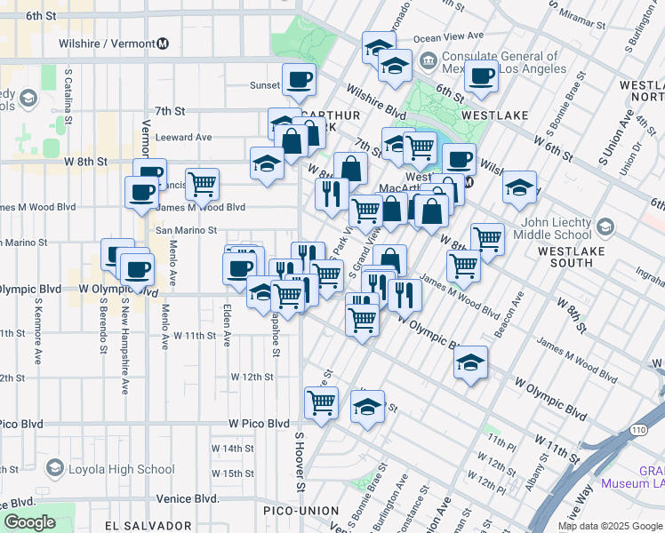 map of restaurants, bars, coffee shops, grocery stores, and more near 2323E West Olympic Boulevard in Los Angeles