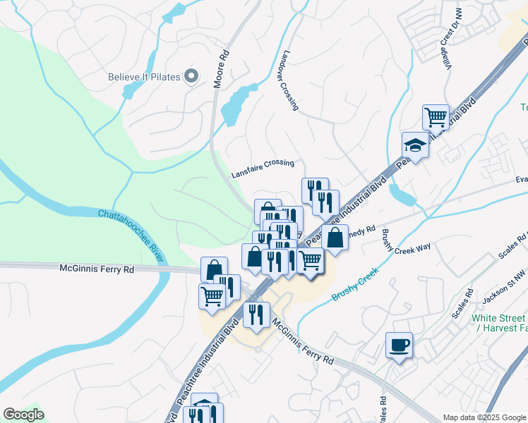 map of restaurants, bars, coffee shops, grocery stores, and more near 1054 Lansmoore Way in Suwanee