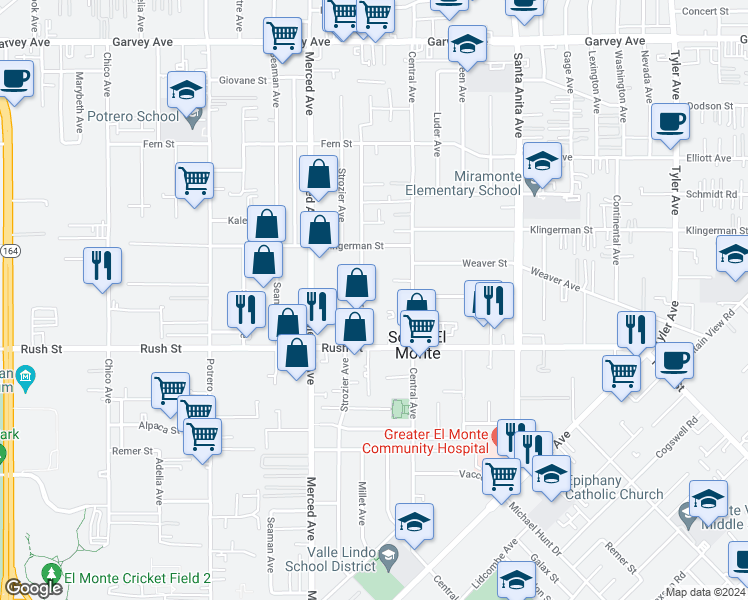 map of restaurants, bars, coffee shops, grocery stores, and more near 2130 Edwards Avenue in South El Monte
