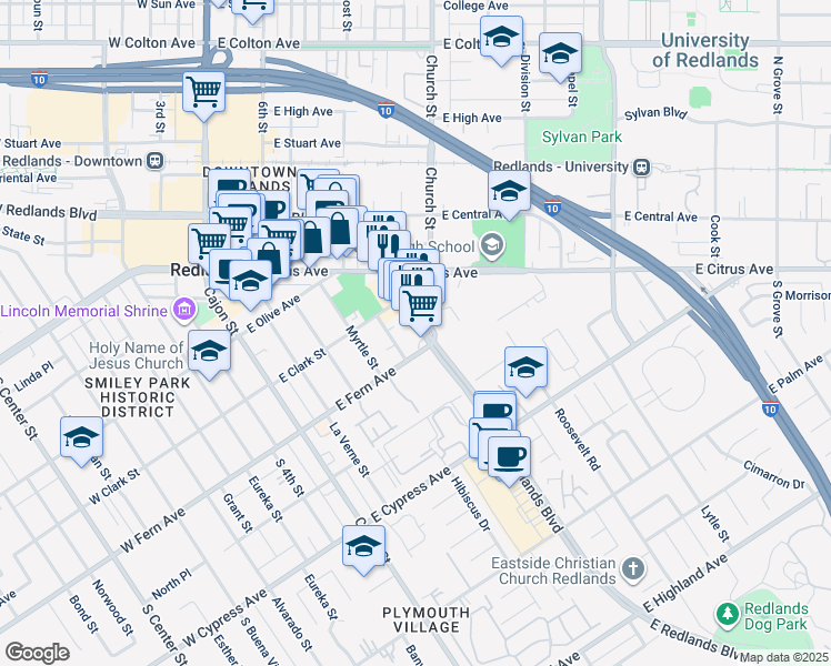 map of restaurants, bars, coffee shops, grocery stores, and more near 700 East Redlands Boulevard in Redlands