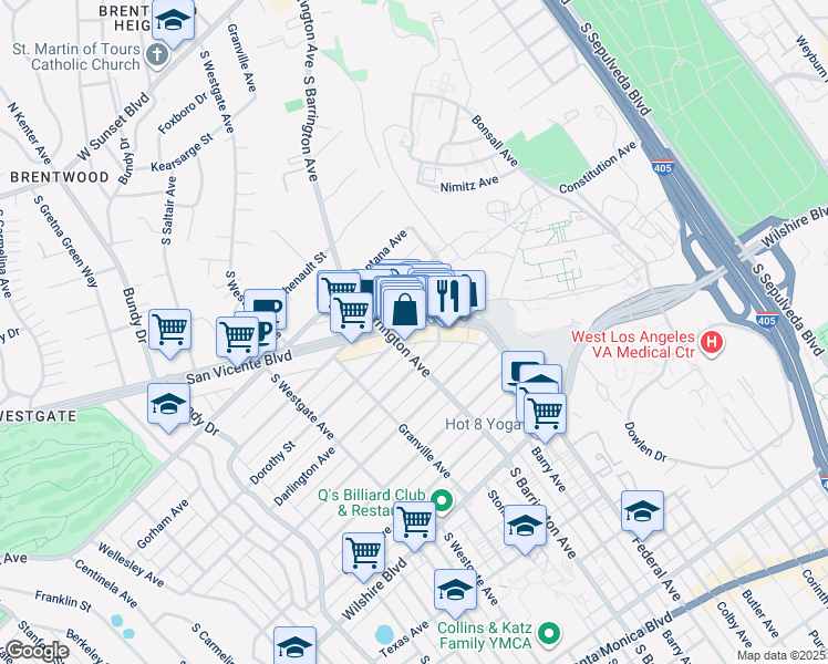 map of restaurants, bars, coffee shops, grocery stores, and more near 11681 Darlington Avenue in Los Angeles