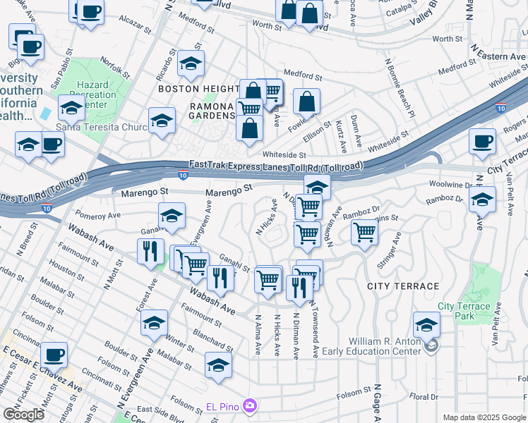 map of restaurants, bars, coffee shops, grocery stores, and more near 3273 Story Street in Los Angeles