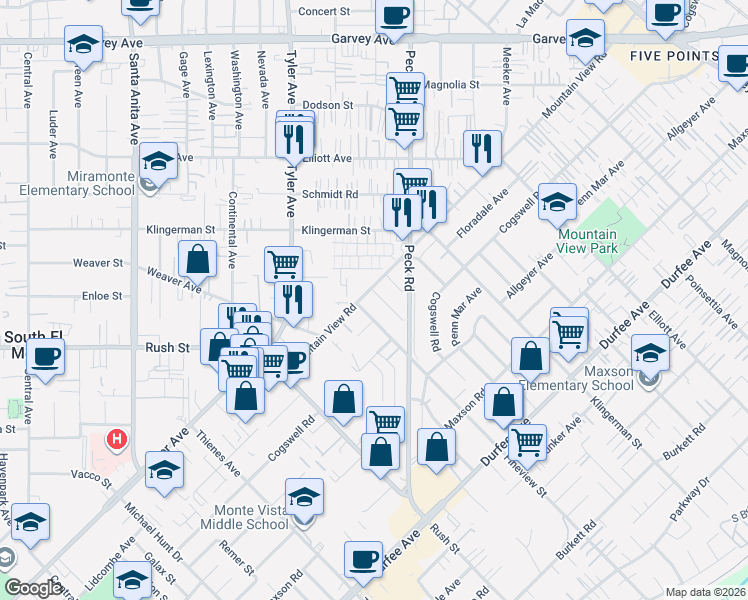map of restaurants, bars, coffee shops, grocery stores, and more near 11231 Fineview Street in El Monte