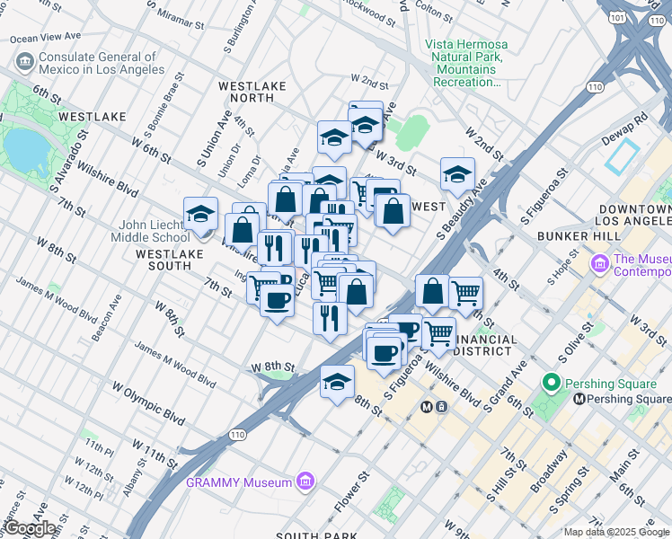 map of restaurants, bars, coffee shops, grocery stores, and more near 1120 West 6th Street in Los Angeles