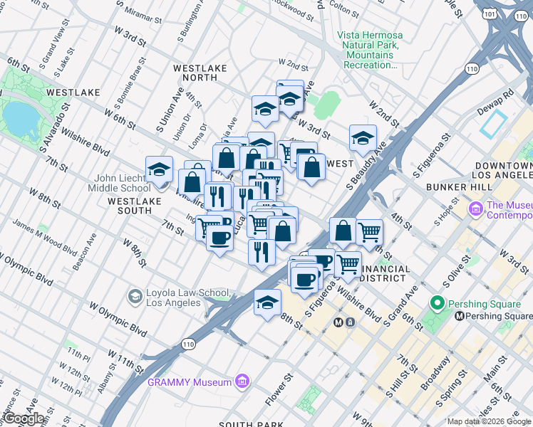 map of restaurants, bars, coffee shops, grocery stores, and more near 1120 West 6th Street in Los Angeles