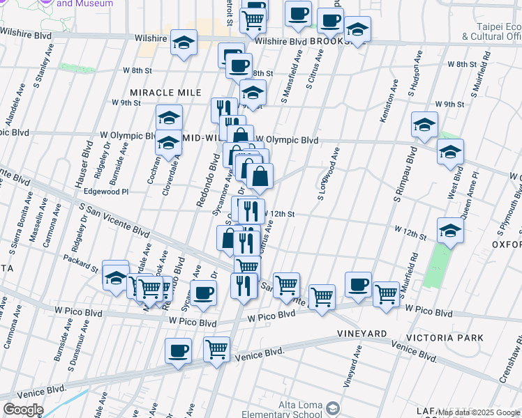 map of restaurants, bars, coffee shops, grocery stores, and more near 1212 South Citrus Avenue in Los Angeles