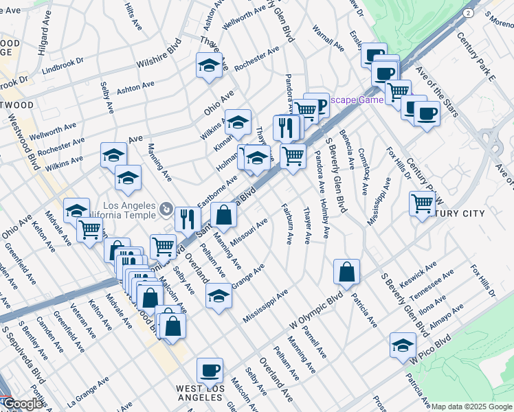 map of restaurants, bars, coffee shops, grocery stores, and more near 1833 Westholme Avenue in Los Angeles