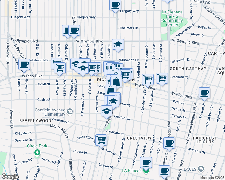 map of restaurants, bars, coffee shops, grocery stores, and more near 8816 Saturn Street in Los Angeles