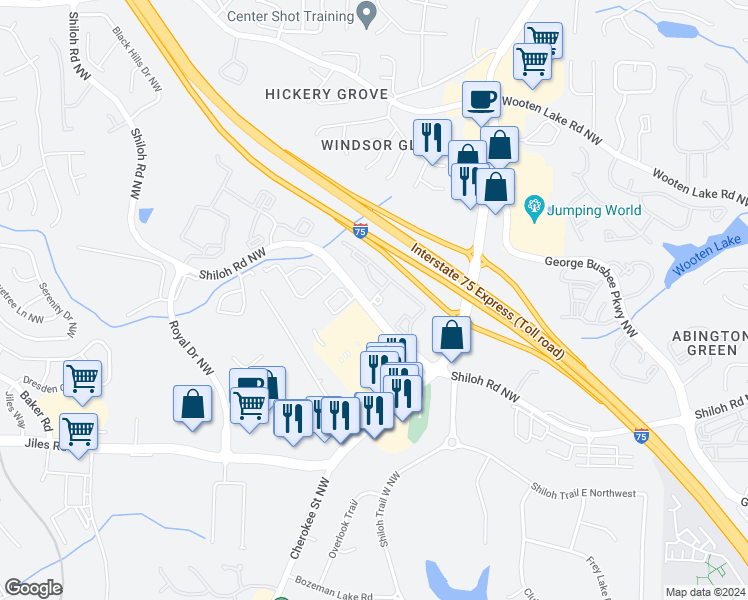 map of restaurants, bars, coffee shops, grocery stores, and more near 1655 Shiloh Road Northwest in Kennesaw