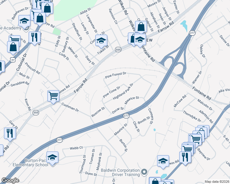 map of restaurants, bars, coffee shops, grocery stores, and more near 4000 Highland Park Drive in Columbia