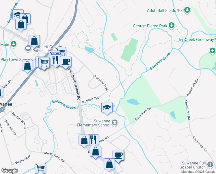 map of restaurants, bars, coffee shops, grocery stores, and more near 3753 Cherokee Trail in Suwanee