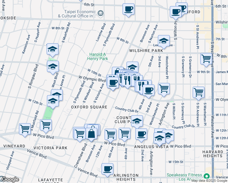map of restaurants, bars, coffee shops, grocery stores, and more near 1053 South Bronson Avenue in Los Angeles