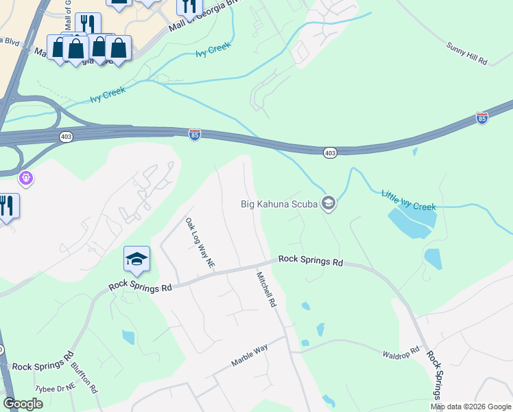 map of restaurants, bars, coffee shops, grocery stores, and more near 2717 Crestworth Lane in Buford