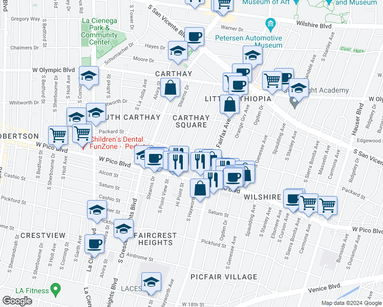 map of restaurants, bars, coffee shops, grocery stores, and more near 1204 Hi Point Street in Los Angeles