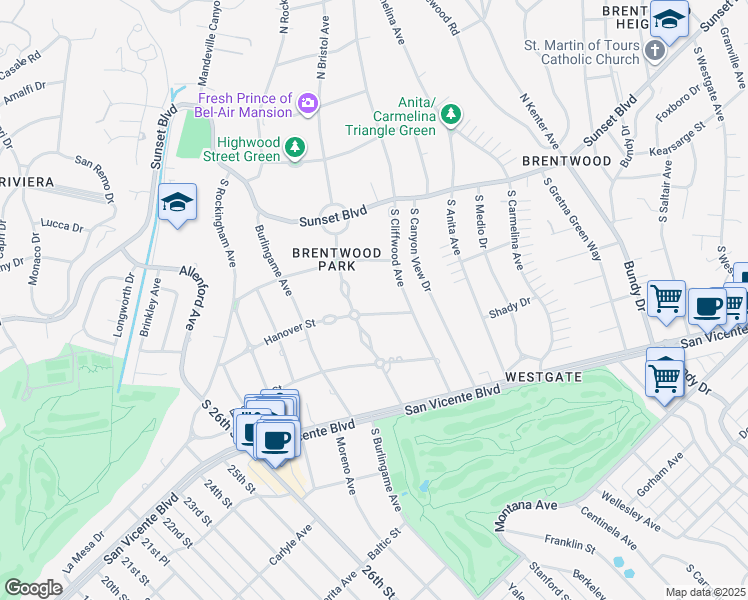map of restaurants, bars, coffee shops, grocery stores, and more near 12745 Hanover Street in Los Angeles