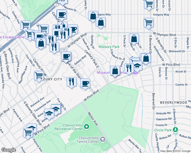 map of restaurants, bars, coffee shops, grocery stores, and more near 10114 Empyrean Way in Los Angeles