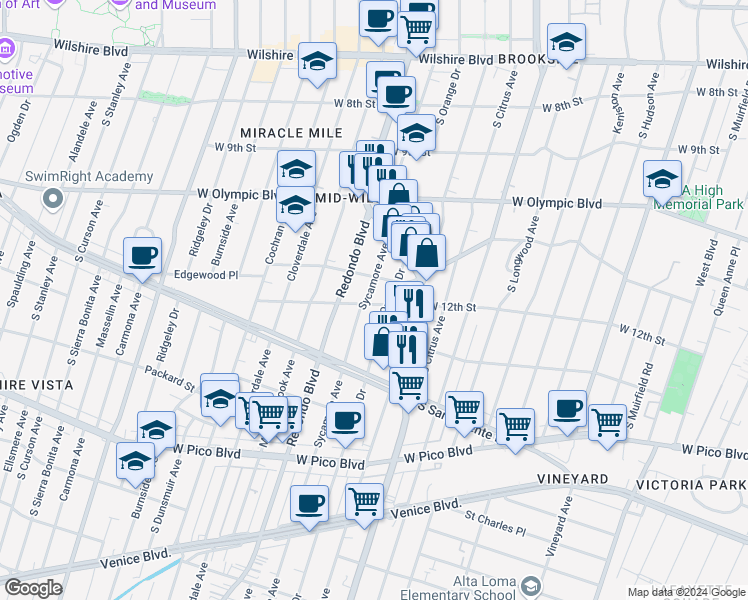 map of restaurants, bars, coffee shops, grocery stores, and more near 5171 West 12th Street in Los Angeles
