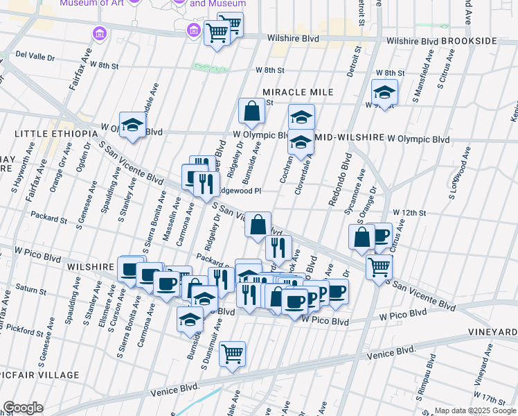 map of restaurants, bars, coffee shops, grocery stores, and more near 5363 South San Vicente Boulevard in Los Angeles