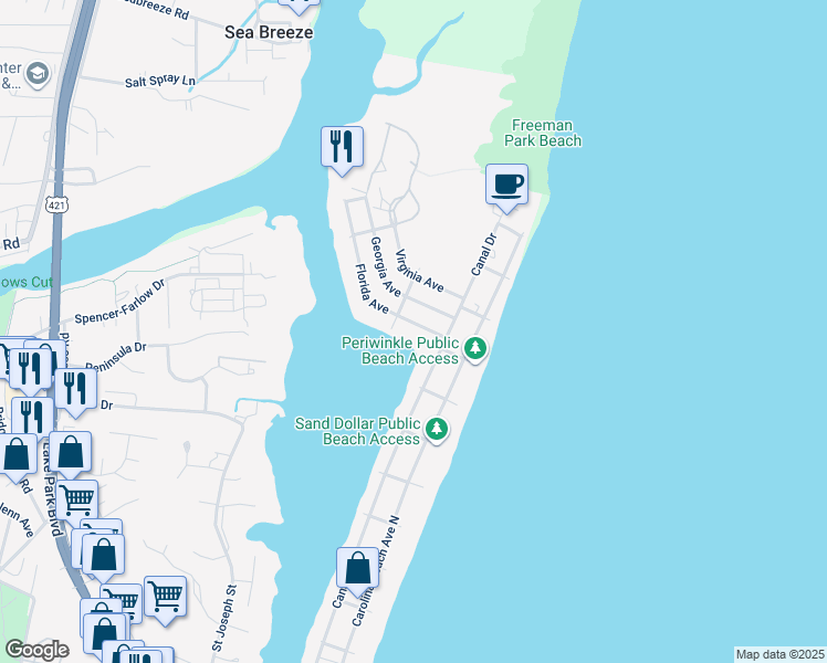 map of restaurants, bars, coffee shops, grocery stores, and more near 111 Florida Avenue in Carolina Beach