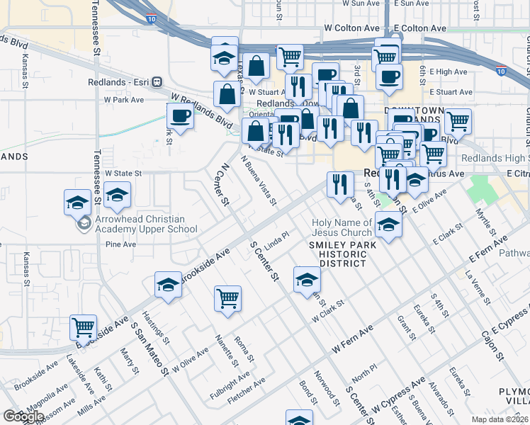 map of restaurants, bars, coffee shops, grocery stores, and more near 520 Brookside Avenue in Redlands