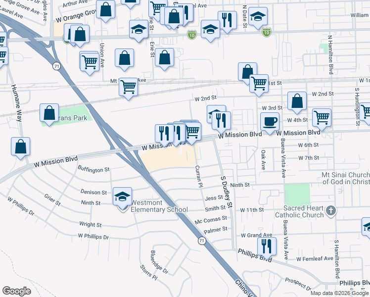 map of restaurants, bars, coffee shops, grocery stores, and more near 1616 West Mission Boulevard in Pomona