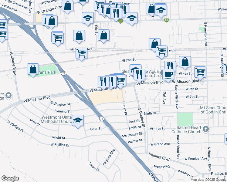map of restaurants, bars, coffee shops, grocery stores, and more near 1660 West Mission Boulevard in Pomona