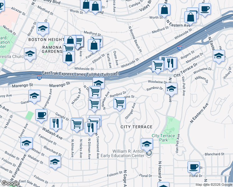 map of restaurants, bars, coffee shops, grocery stores, and more near 4298 Rosilyn Drive in Los Angeles