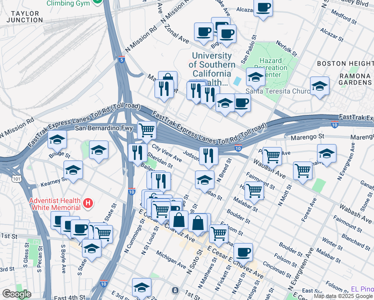 map of restaurants, bars, coffee shops, grocery stores, and more near in Los Angeles