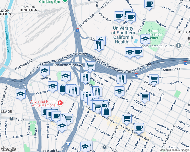 map of restaurants, bars, coffee shops, grocery stores, and more near 1931 Sheridan Street in Los Angeles