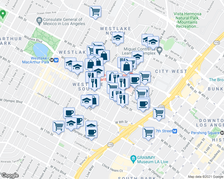 map of restaurants, bars, coffee shops, grocery stores, and more near 685 Witmer Street in Los Angeles