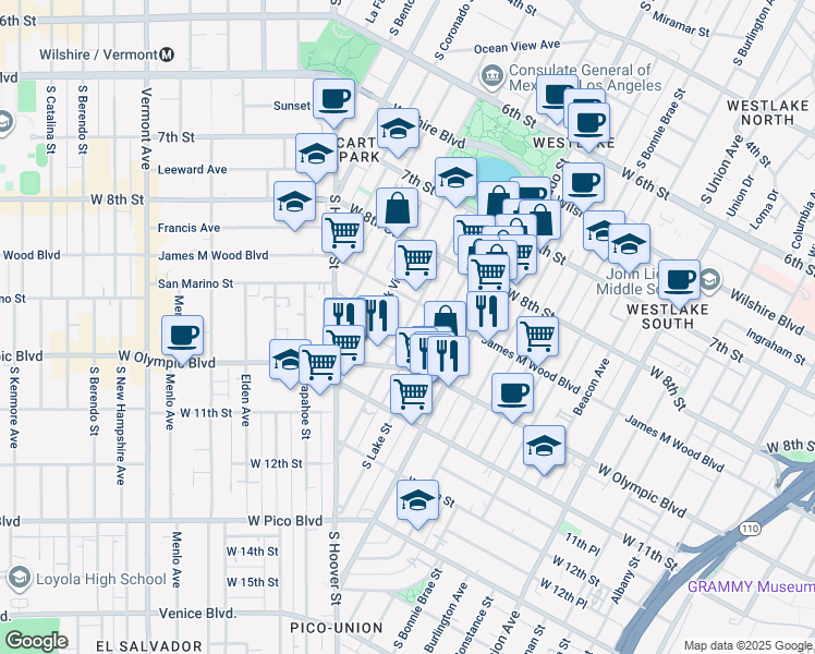 map of restaurants, bars, coffee shops, grocery stores, and more near 933 South Lake Street in Los Angeles