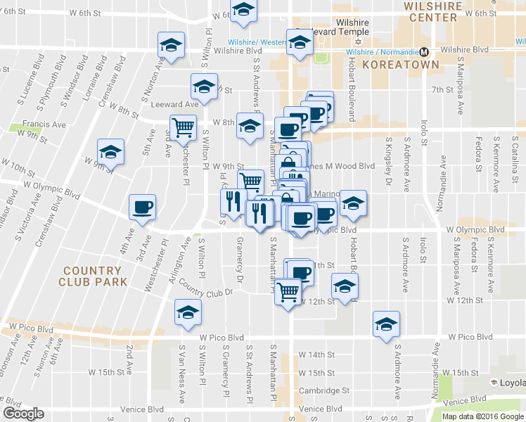 map of restaurants, bars, coffee shops, grocery stores, and more near 986 South Saint Andrews Place in Los Angeles