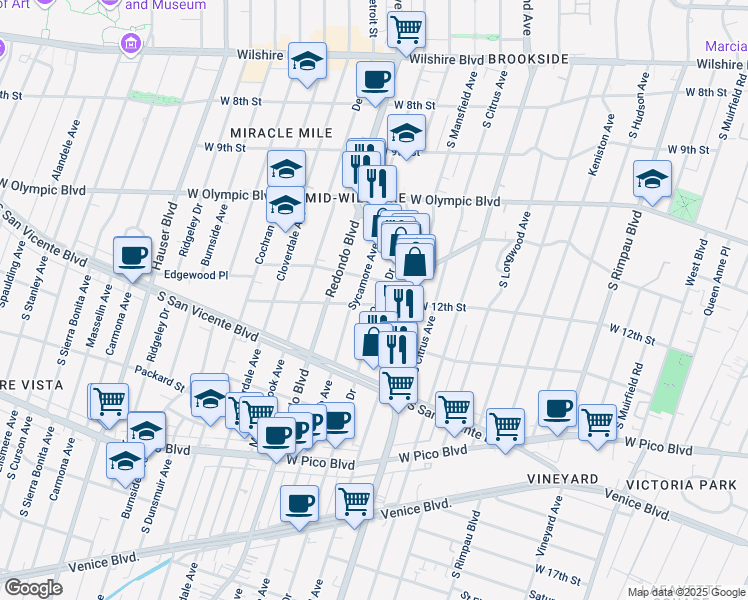 map of restaurants, bars, coffee shops, grocery stores, and more near 1213 South Orange Drive in Los Angeles