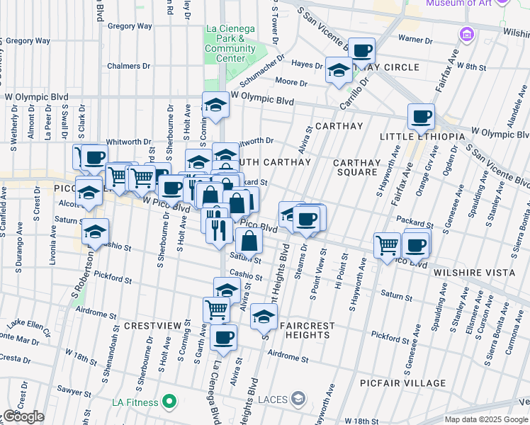 map of restaurants, bars, coffee shops, grocery stores, and more near 6095 West Pico Boulevard in Los Angeles