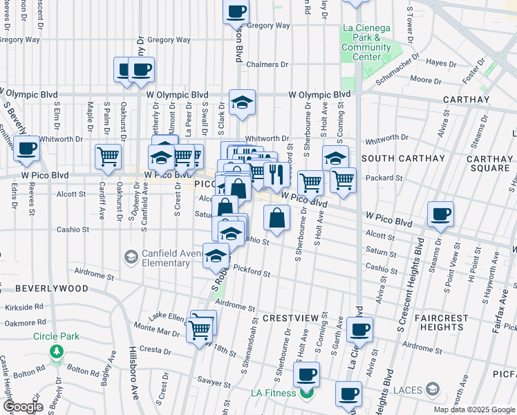 map of restaurants, bars, coffee shops, grocery stores, and more near 1455 South Wooster Street in Los Angeles