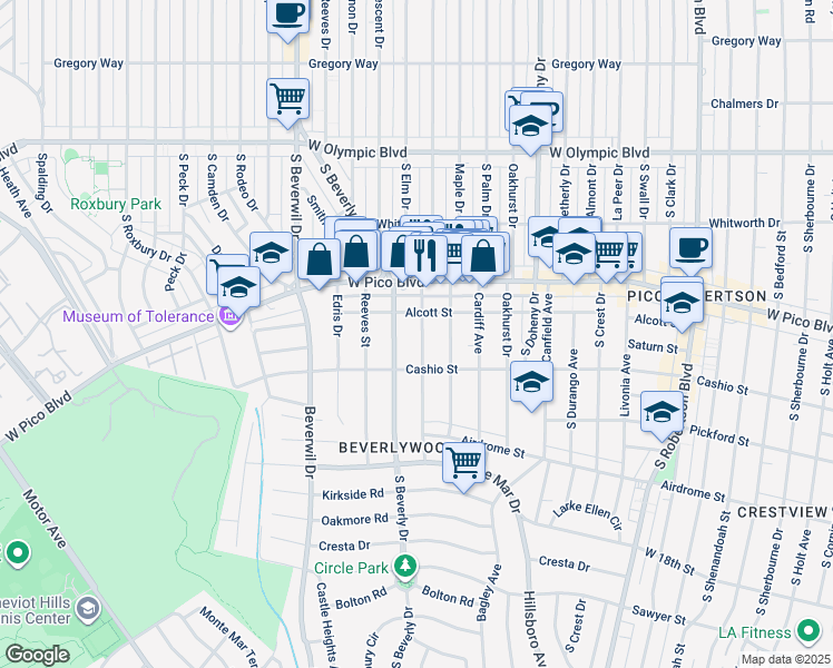 map of restaurants, bars, coffee shops, grocery stores, and more near in Los Angeles
